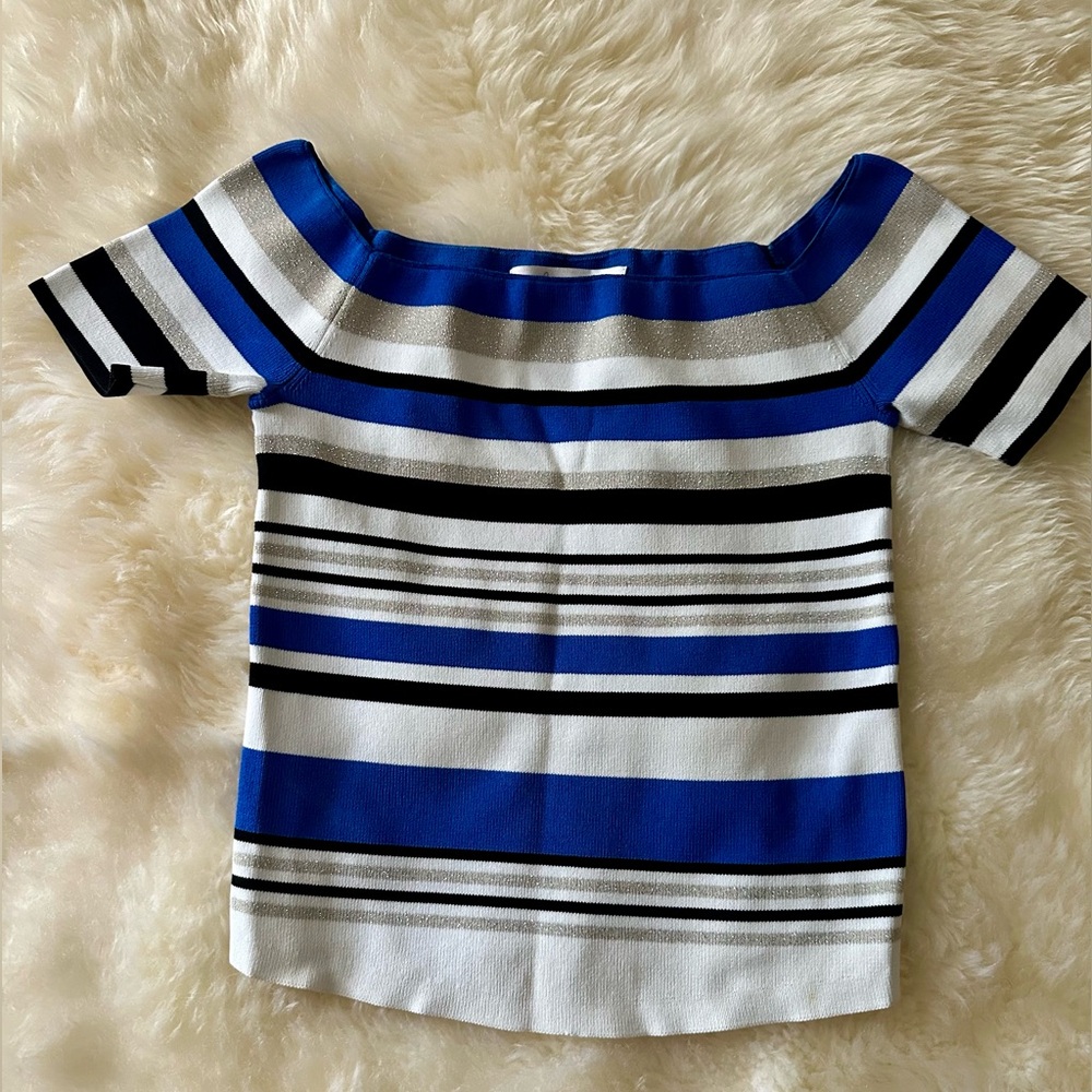 Scripted Blue Striped Off-Shoulder Top